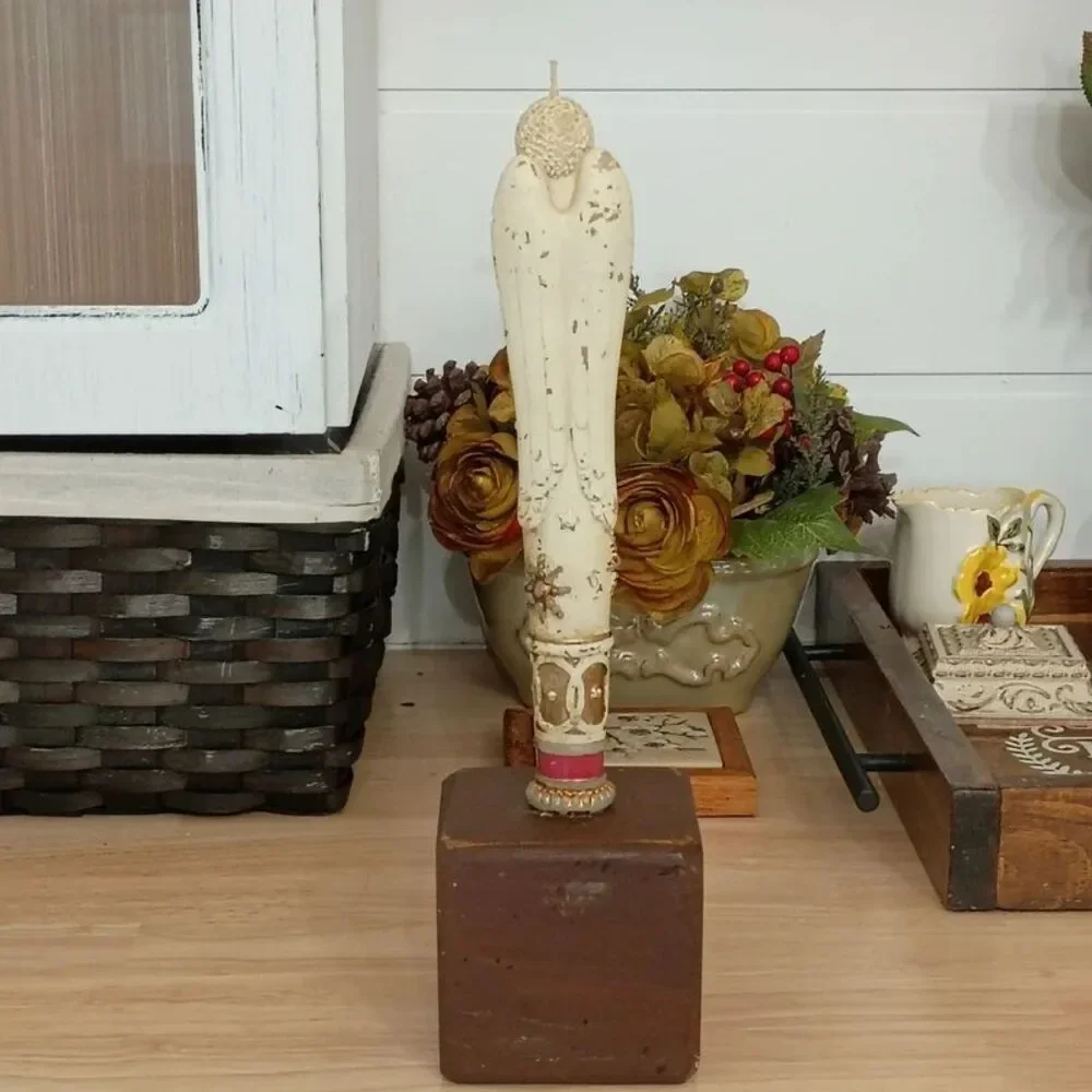 Vintage Carved Winter Angel Candle on Wooden Candlestick Holder Decoration